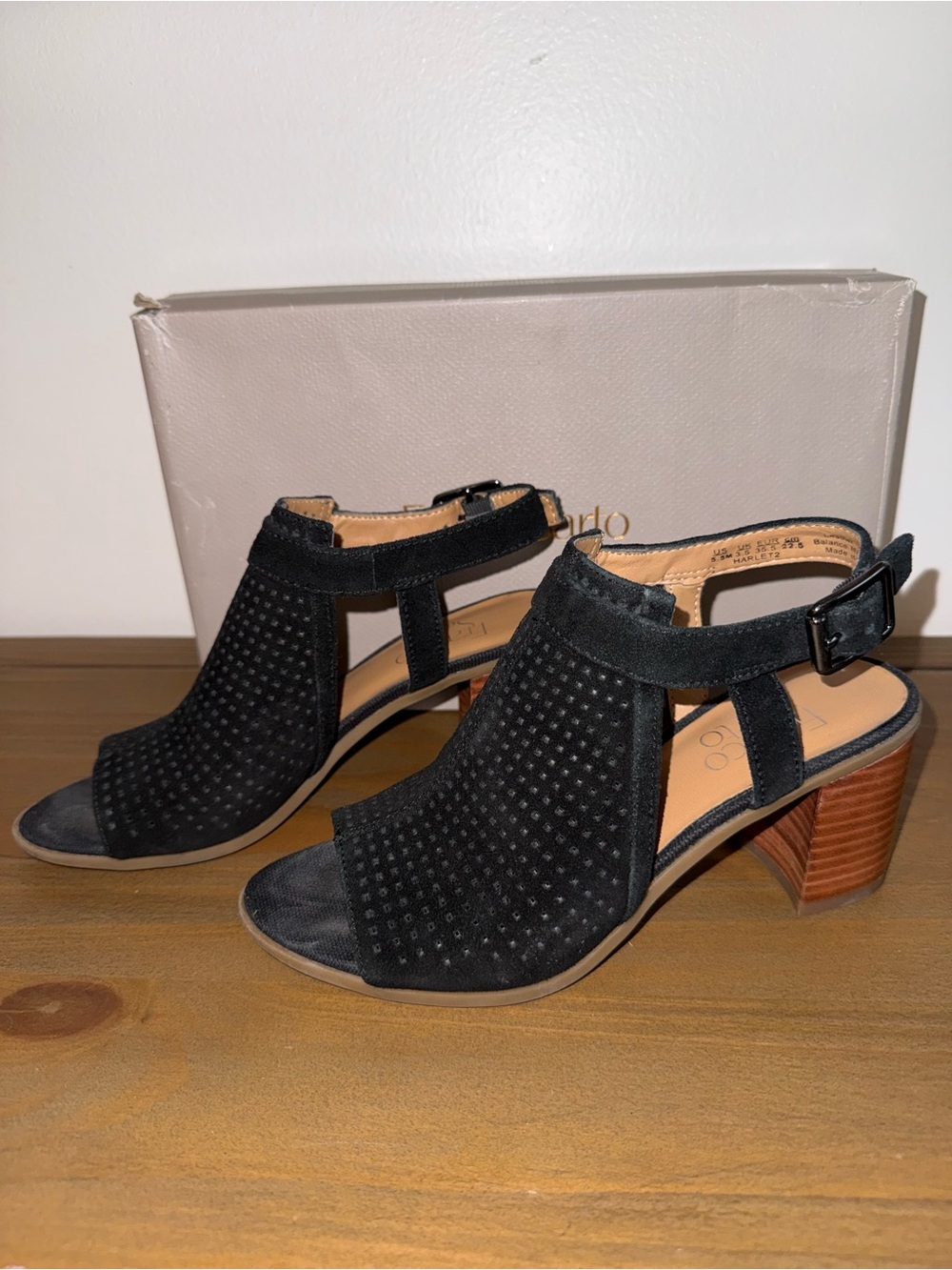Franco Sarto Black Suede Perforated Block Heel Sandals